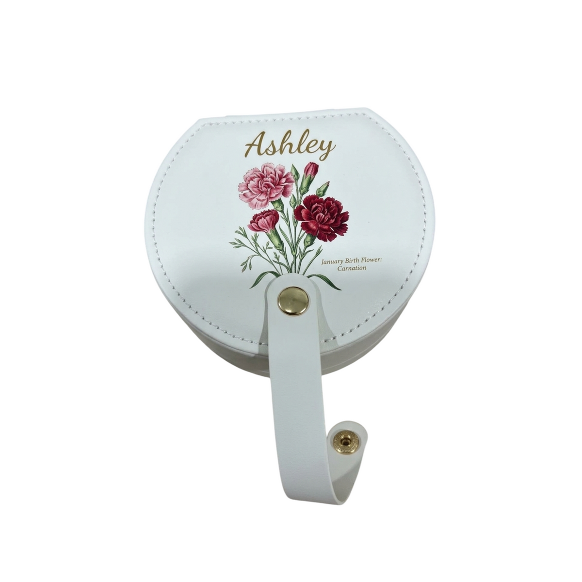 nkhandcraftedgifts white leather half-moon travel jewelry box with custom Ashley name and carnation birth flower print