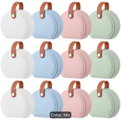 nkhandcraftedgifts personalized half-moon travel jewelry boxes in white, lavender, pink, and pistachio leather