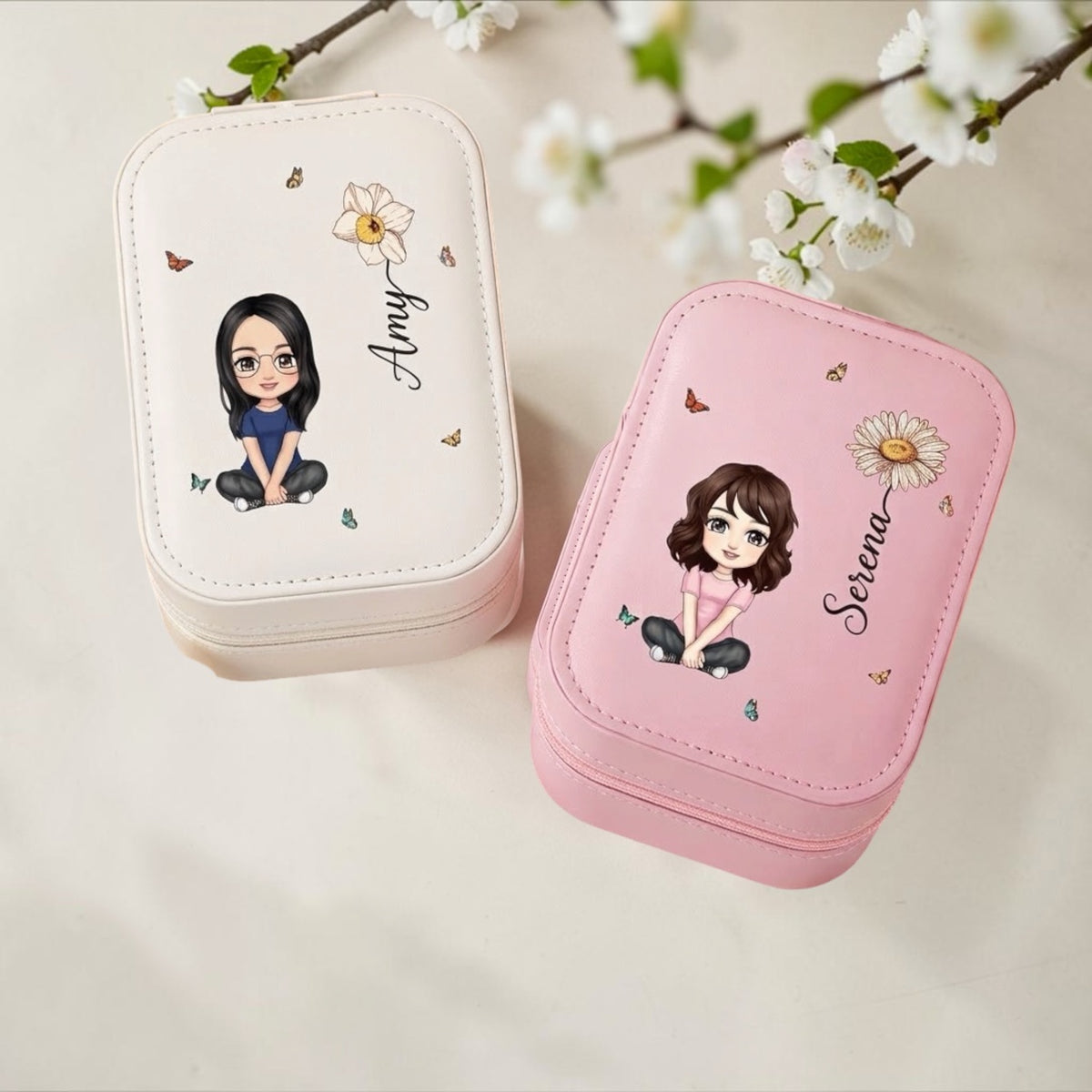 Pink personalized travel jewelry box open with LED mirror lit