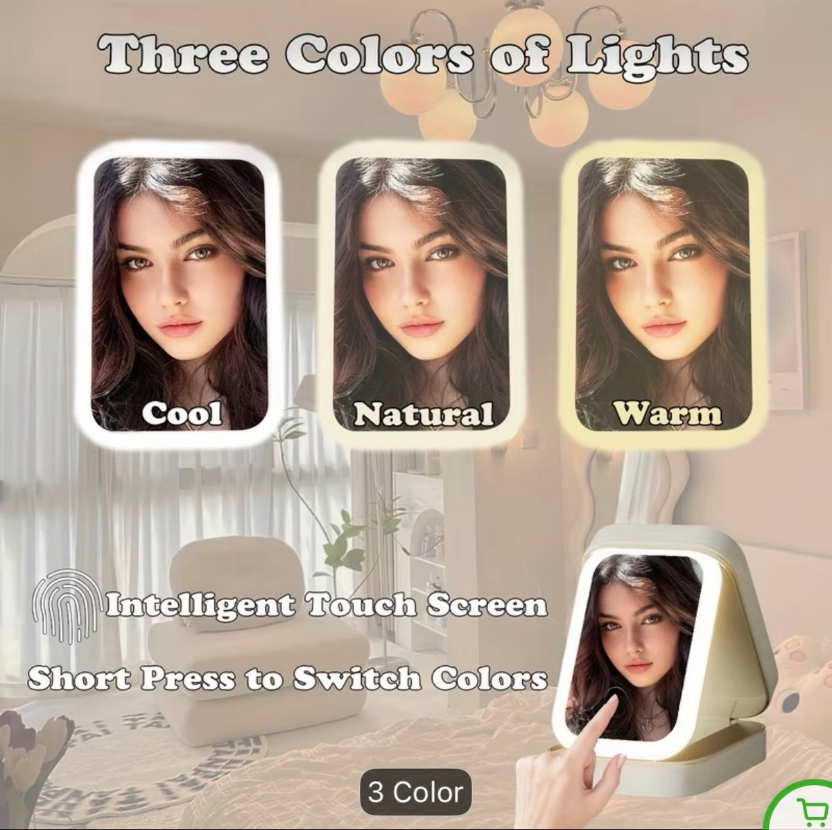 Green personalized travel jewelry box open with LED mirror lit