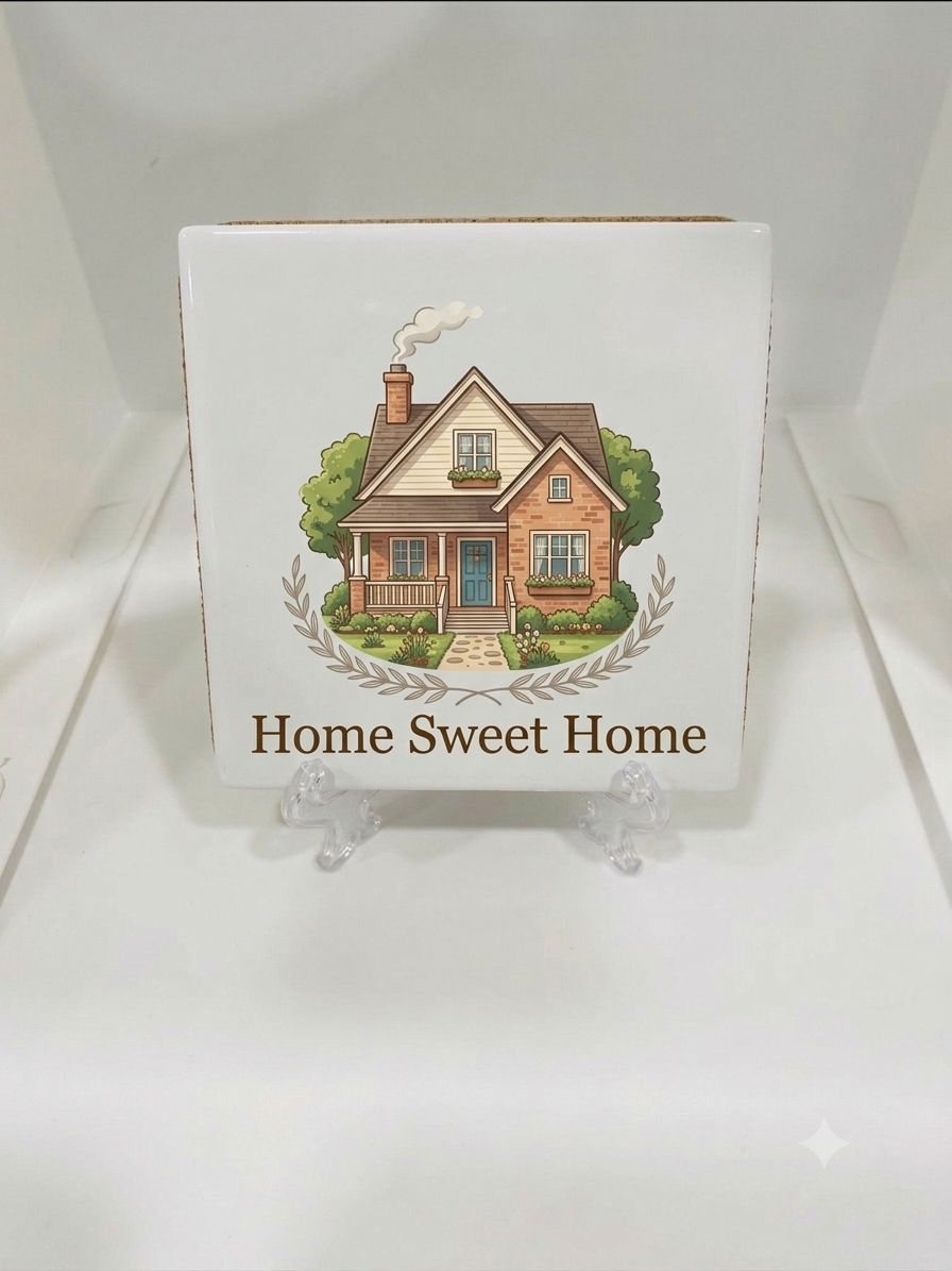 Custom printed square ceramic coaster with Home Sweet Home house design