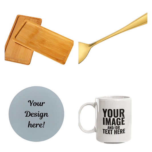nkhandcraftedgifts personalized gift box set with ceramic mug, slate coaster, gold spoon, and bamboo serving trays.