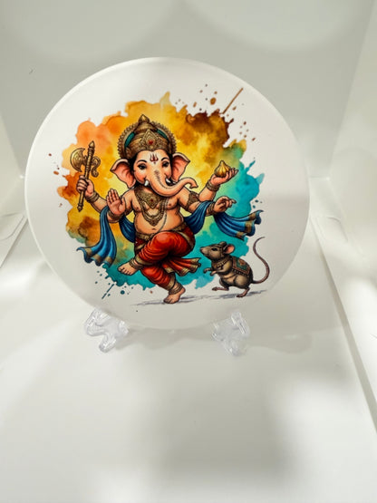 Custom printed round ceramic coaster with colorful Ganesha design