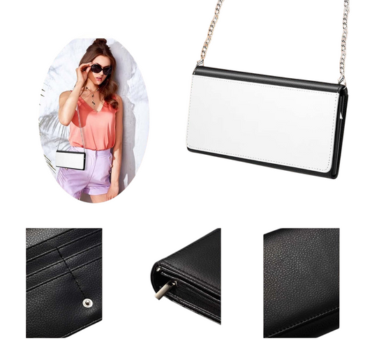 nkhandcraftedgifts custom faux leather clutch purse with silver chain, featuring black and white panels and card slots.