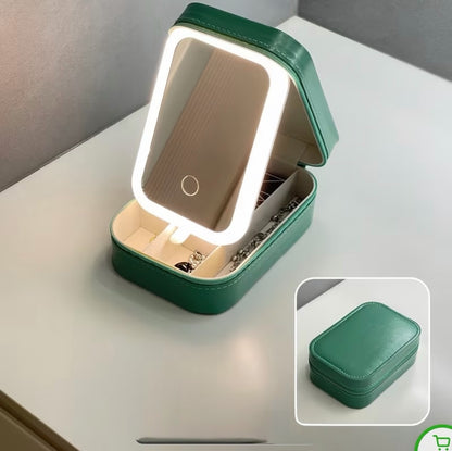 USB rechargeable LED mirror on white travel jewelry box