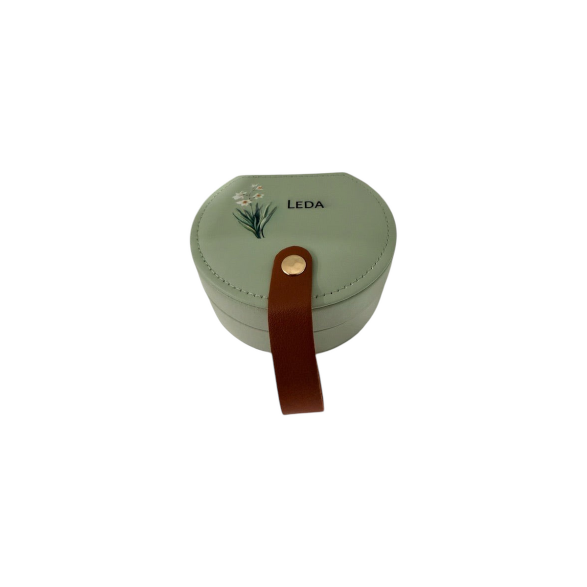 nkhandcraftedgifts pistachio green half-moon personalized travel jewelry box with floral print and brown leather strap