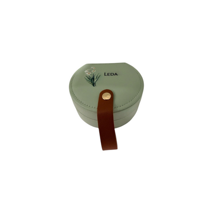 nkhandcraftedgifts pistachio green half-moon personalized travel jewelry box with floral print and brown leather strap