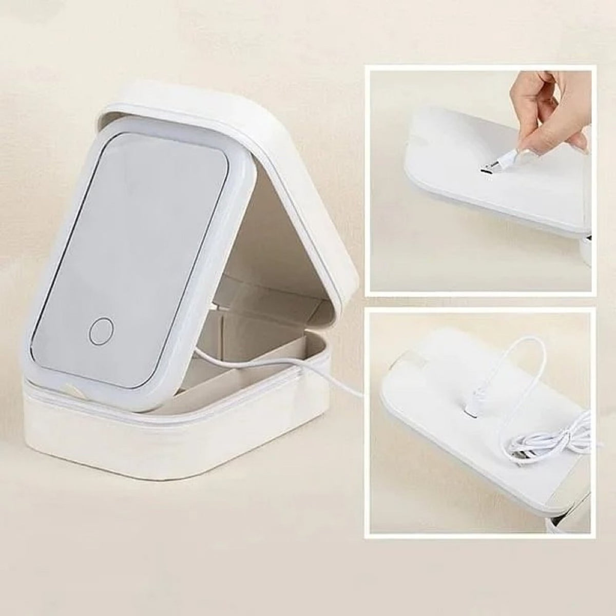 White personalized travel jewelry box open showing LED lighted mirror and jewelry compartments