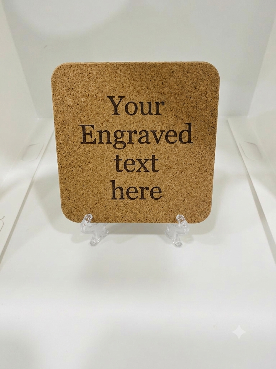 Laser engraved custom message on cork backing of square ceramic coaster