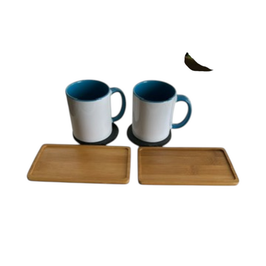 nkhandcraftedgifts personalized gift set with two white and blue ceramic mugs, slate coasters, and bamboo snack trays.