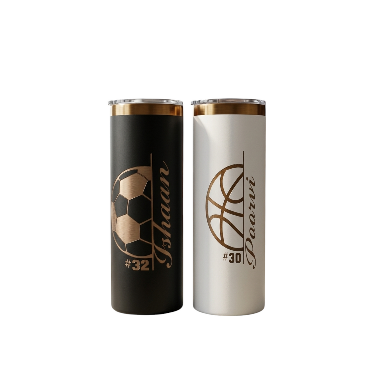 nkhandcraftedgifts personalized 20 oz dual-tone stainless steel tumblers with laser-engraved sports designs and names