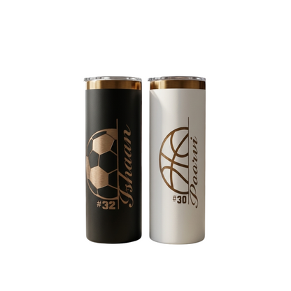 nkhandcraftedgifts personalized 20 oz dual-tone stainless steel tumblers with laser-engraved sports designs and names