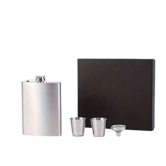 nkhandcraftedgifts 7 oz stainless steel flask gift set with two shot glasses and a funnel in a black gift box