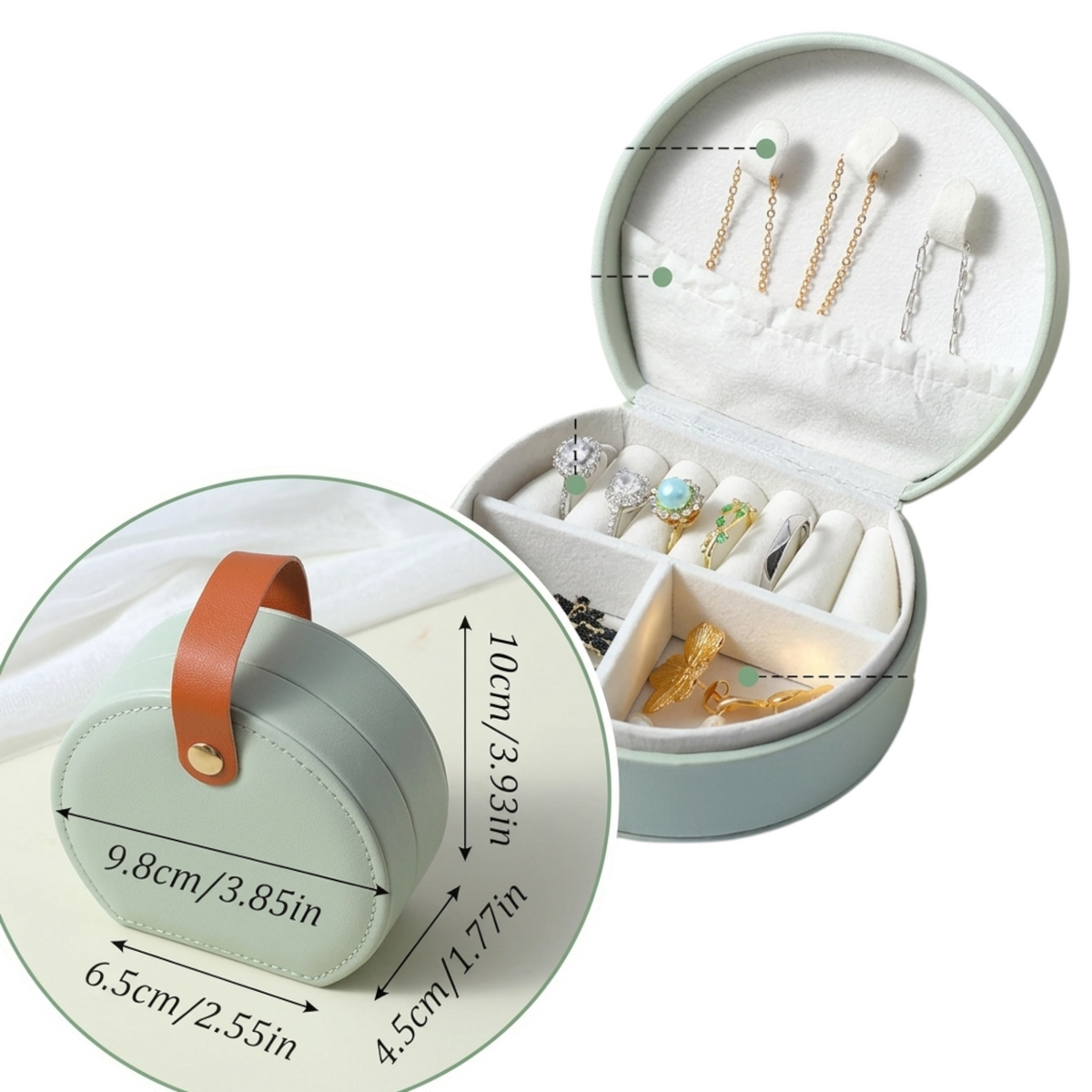 nkhandcraftedgifts pistachio green half-moon travel jewelry box with internal compartments for rings and necklaces