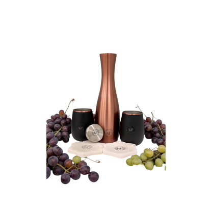 Personalized copper-plated wine carafe and glass gift set with custom name printing