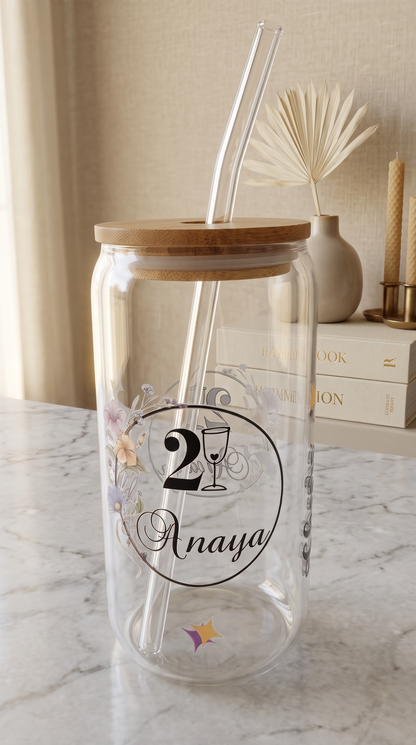 Personalized Libbey Glass Cup with Lid and a Straw