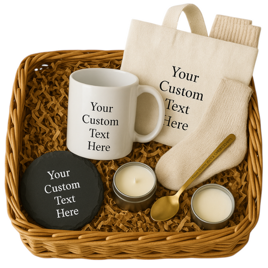 Personalized yoga lover gift box with tumbler, towel, and wellness items in a wicker basket