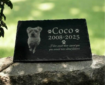Laser engraved pet memorial slate with dog photo, name Benji, dates 2010-2025