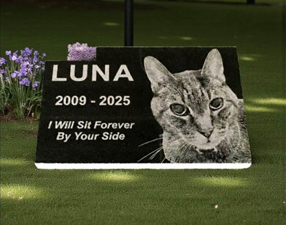 Laser engraved pet memorial slate with cat photo, name Luna, dates 2009-2025