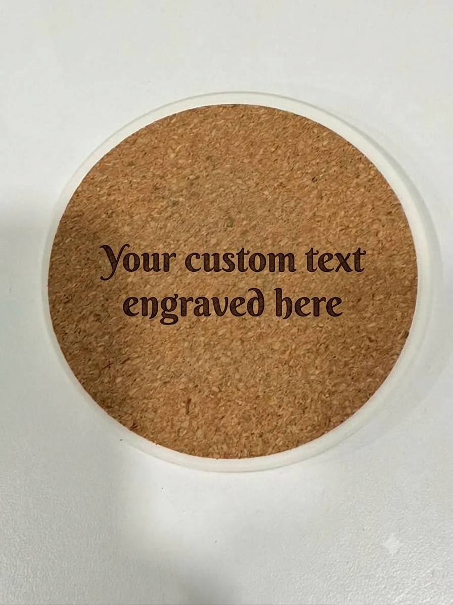 Laser engraved custom message on cork backing of round ceramic coaster