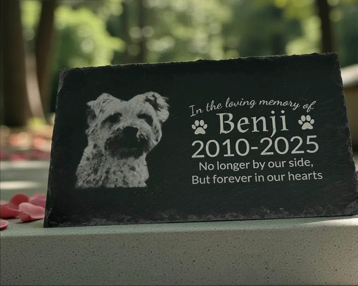 Laser engraved pet memorial slate with dog photo, name Coco, dates 2008-2025