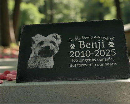 Laser engraved pet memorial slate with dog photo, name Coco, dates 2008-2025