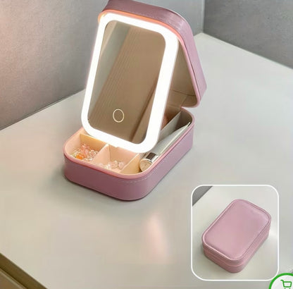 Pink jewelry box showing natural, cold and warm LED light settings