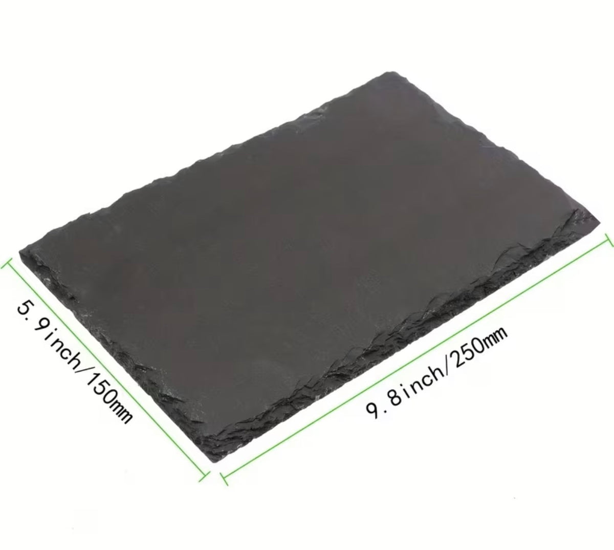 Blank natural slate pet memorial plaque with rough rustic edges and dimension arrows showing 5.9 x 9.8 inches (150 x 250 mm)
