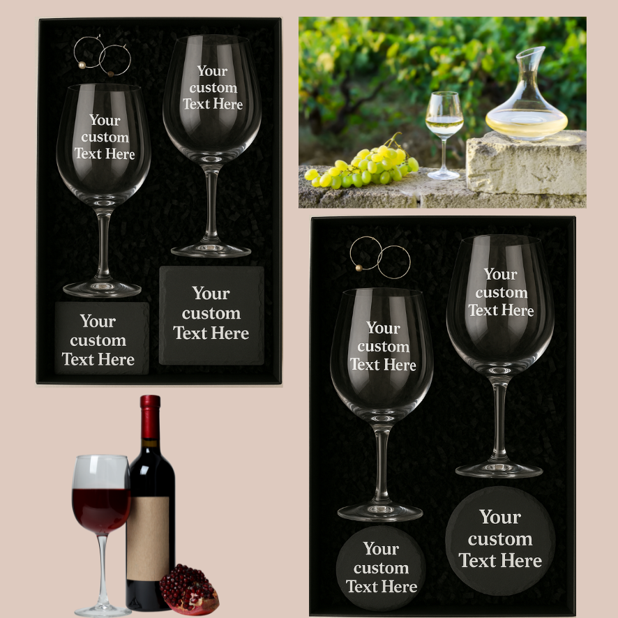 Wine Lover Gift Set (2 wine Glasses with stem, 2 Slate Coasters, 2 wine glass charms)